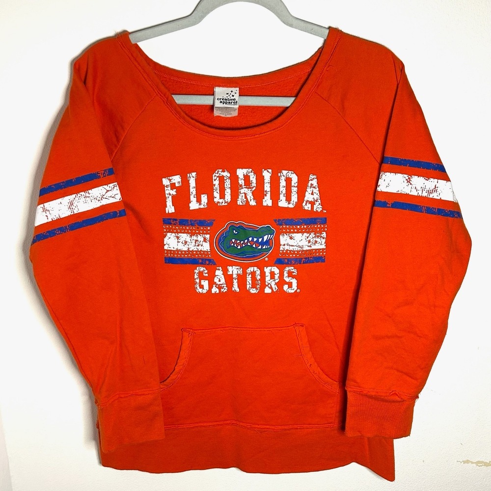 Florida Gators Off The Shoulder Sweatshirt Orange Distressed Front Pockets XL